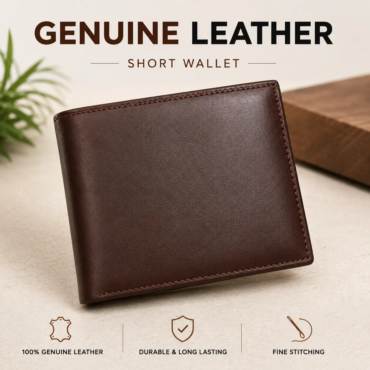 Short Plain Leather Wallet for Men - Brown